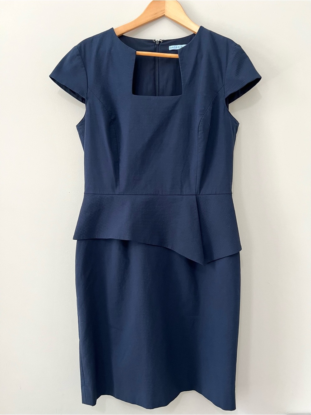 ANTONIO MELANI Navy Blue Asymmetric Peplum Sheath Dress SZ 10 Business Workwear